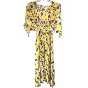 Look by M Smocked Waist V-Neck Sheer Midi Dress in Butter Yellow Floral Print